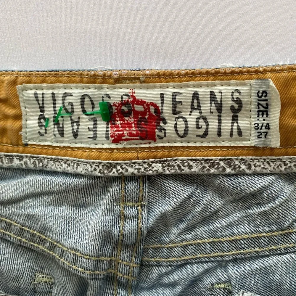 Vigoss Jeans Women's Size 3/4 (27) Distressed Blue Denim Raw Hem Y2K Mcbling